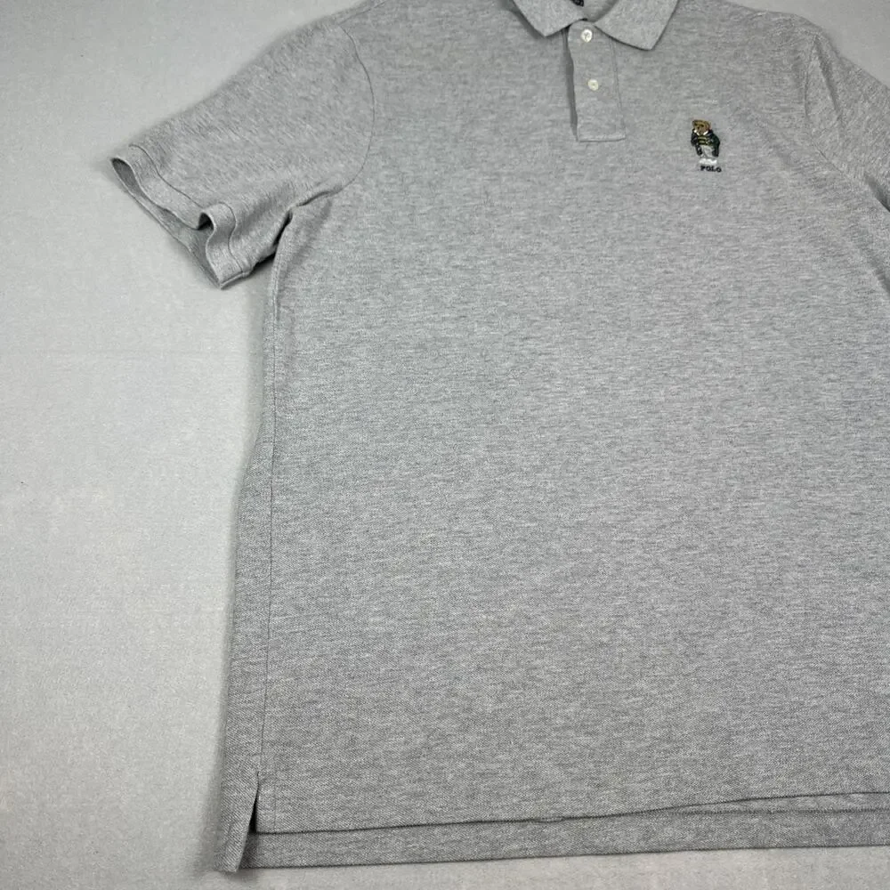 Polo Ralph Lauren Men Classic Fit Polo Shirt Gray FOOTBALL Bear Men L TEDDY GREY
